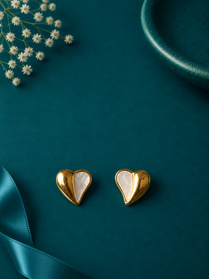 White Heart Gold Stud Earrings