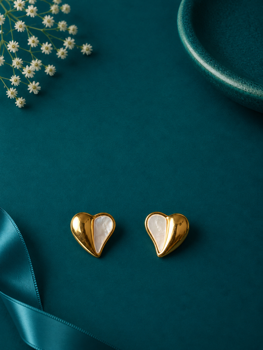 White Heart Gold Stud Earrings