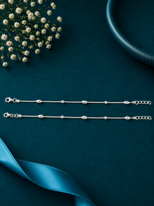 Polished Silver Ball Station Anklet Pair