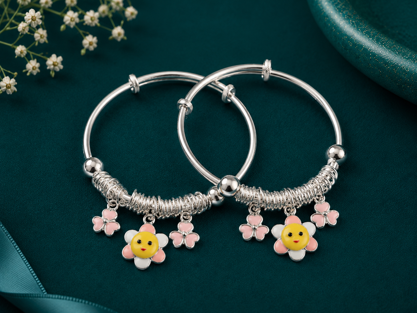 Smiley Daisy Dangle Silver Kids Kada Pair
