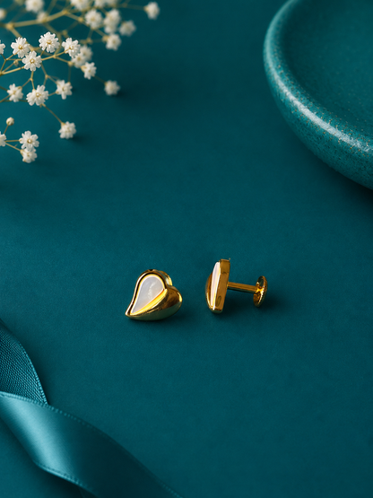 White Heart Gold Stud Earrings