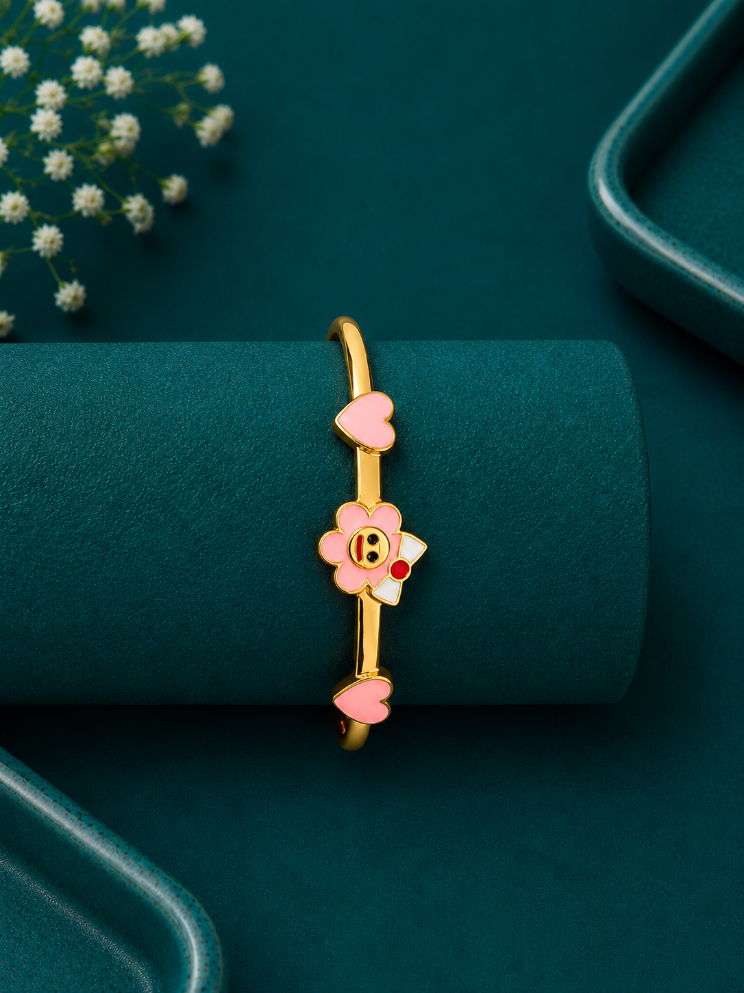 Pink Blossom Heart Gold Kids Kada Pair