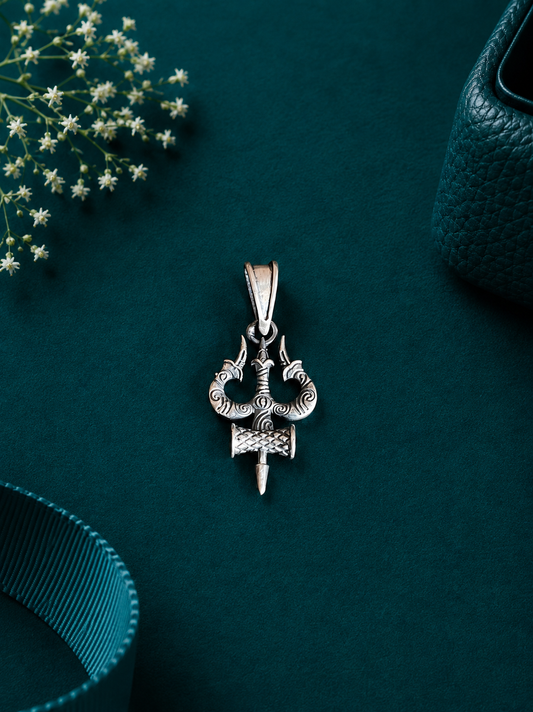 Sterling Silver Mahadev Trishul Damru Pendant